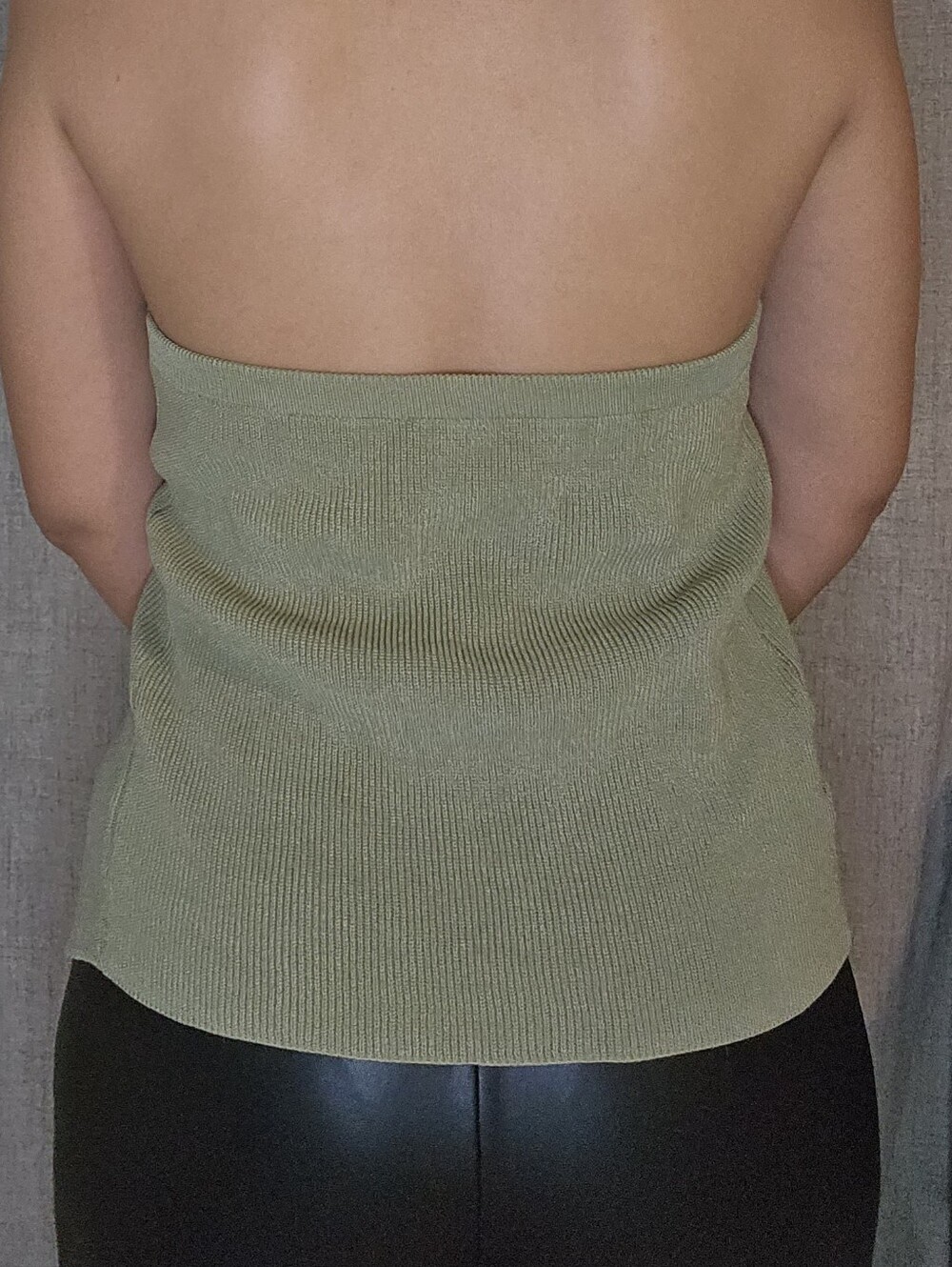Olive Green Ribbed Halter V-Neck Tank with Flower Accent - Picture 5 of 5